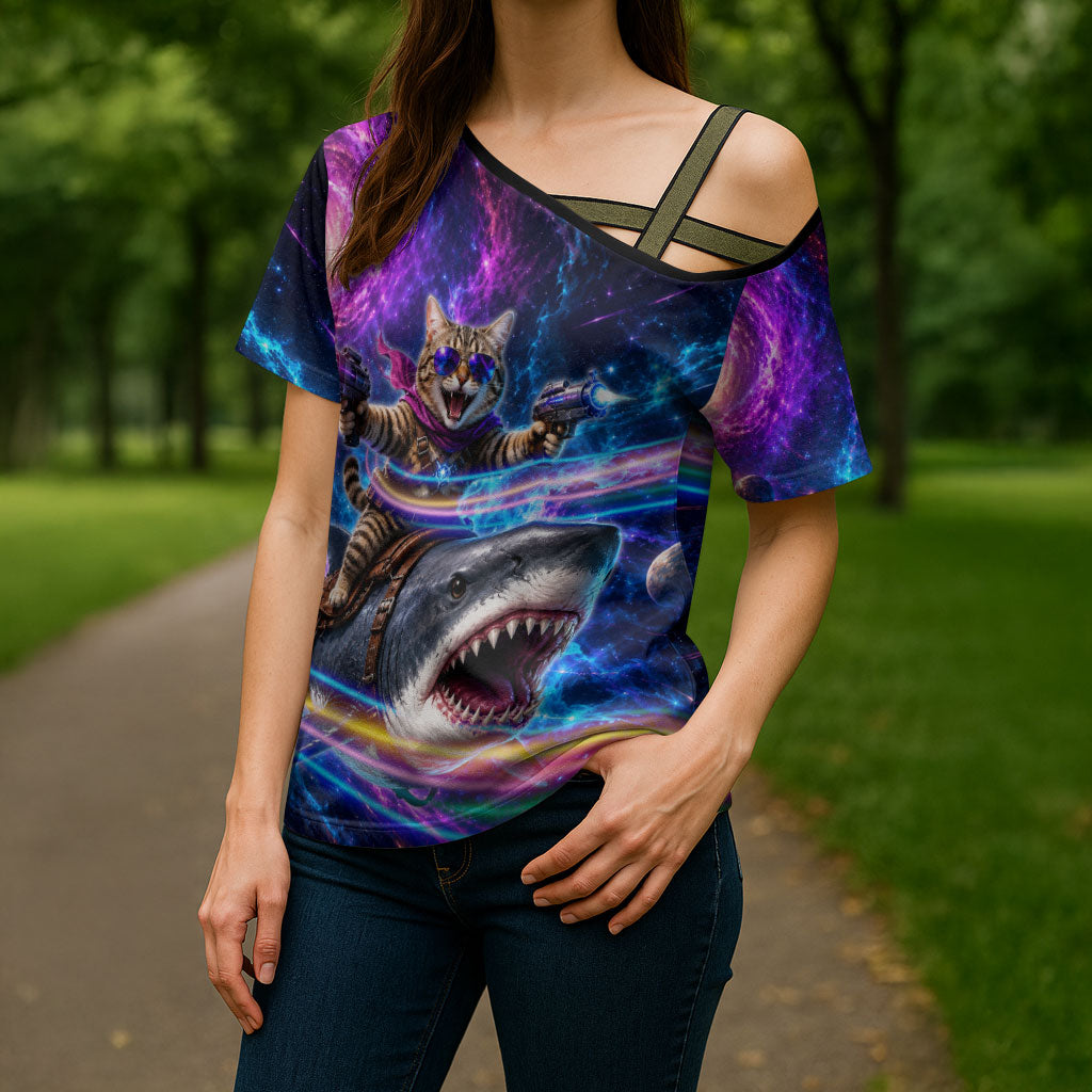 Cat Riding Shark In Space Cross Shoulder Shirt Funny Cosmic Laser Cat And Shark Surreal Sci-Fi