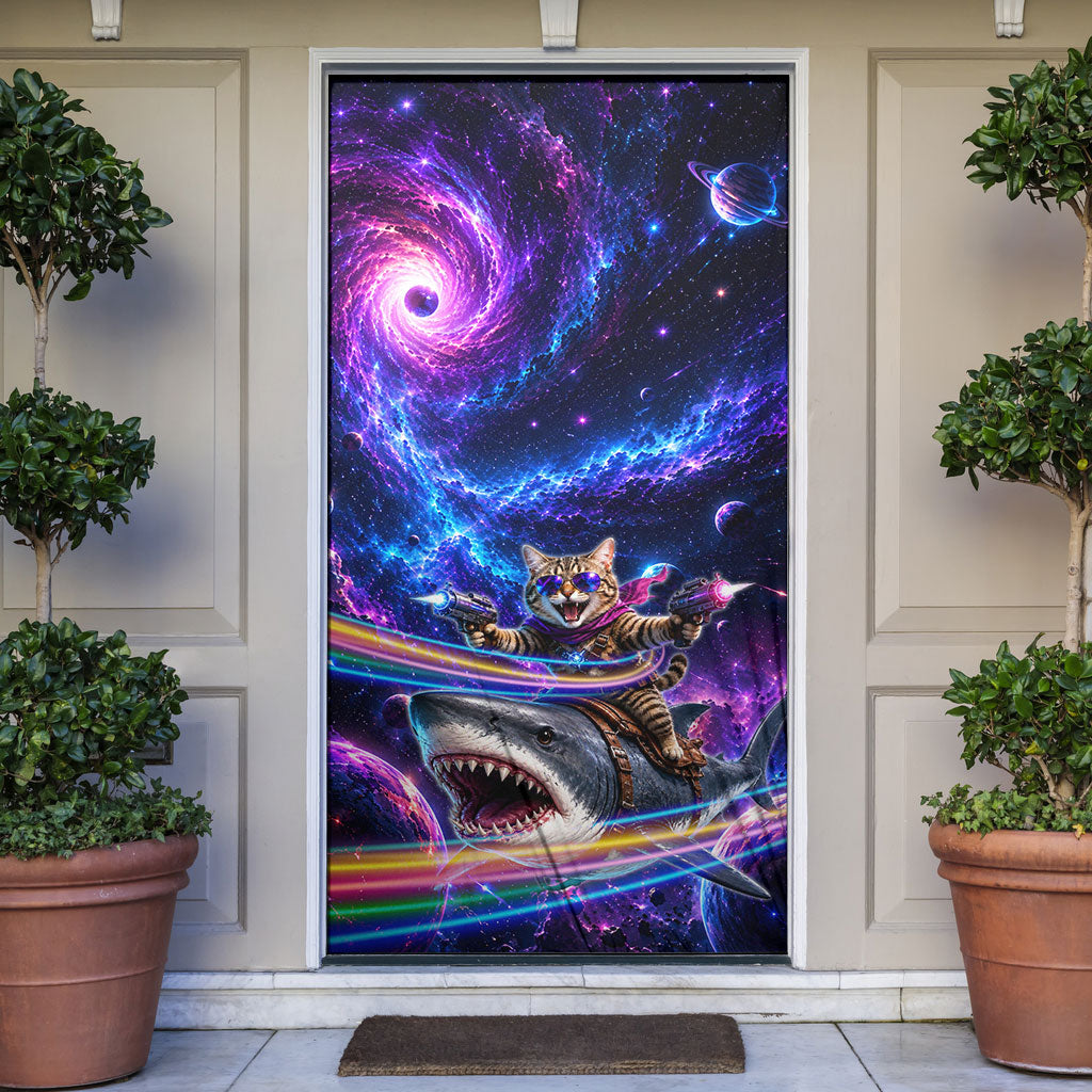 Cat Riding Shark In Space Door Cover Funny Cosmic Laser Cat And Shark Surreal Sci-Fi