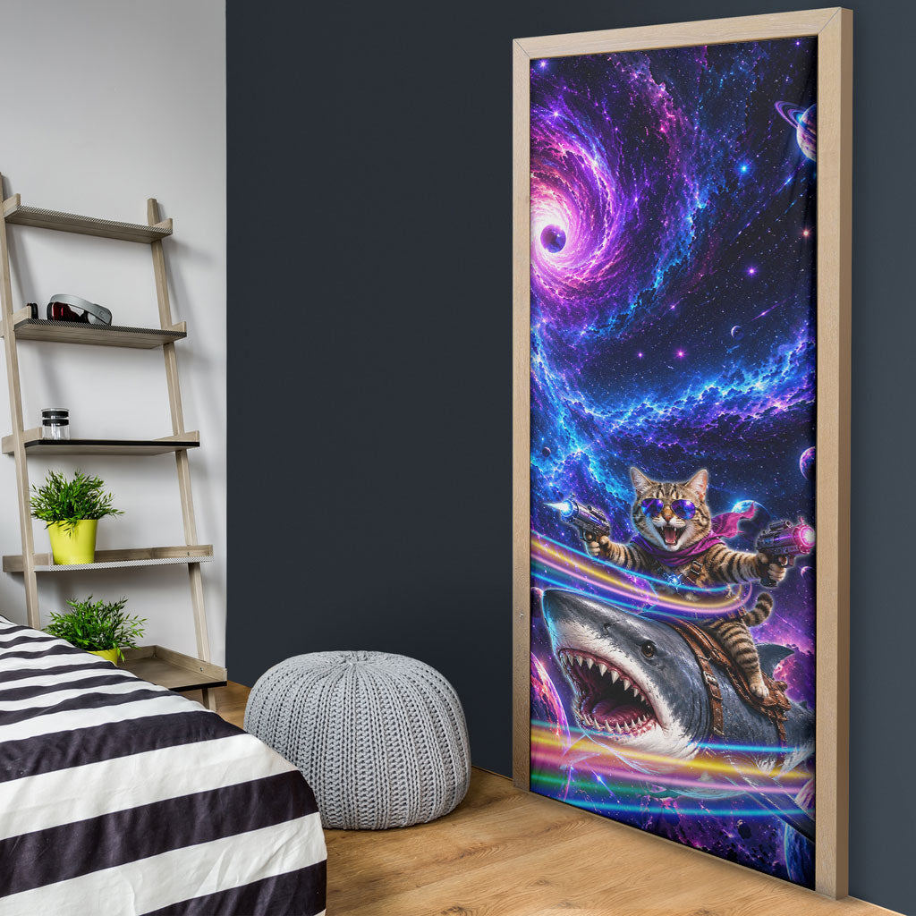 Cat Riding Shark In Space Door Cover Funny Cosmic Laser Cat And Shark Surreal Sci-Fi