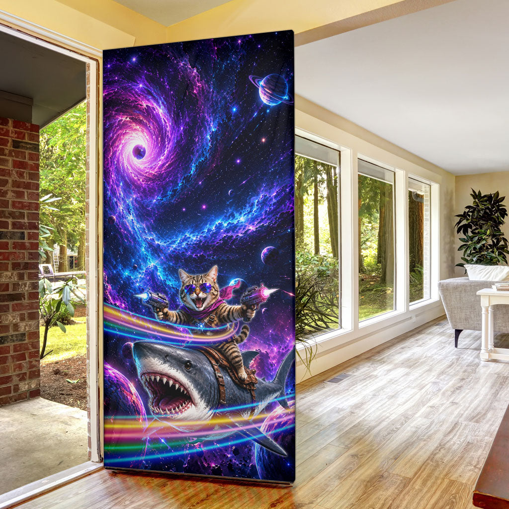 Cat Riding Shark In Space Door Cover Funny Cosmic Laser Cat And Shark Surreal Sci-Fi