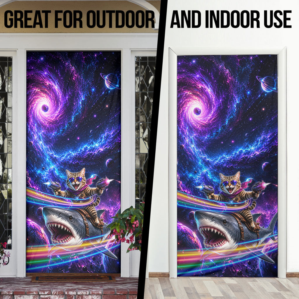 Cat Riding Shark In Space Door Cover Funny Cosmic Laser Cat And Shark Surreal Sci-Fi
