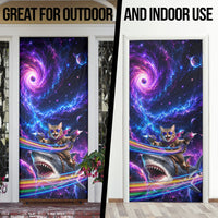 Cat Riding Shark In Space Door Cover Funny Cosmic Laser Cat And Shark Surreal Sci-Fi