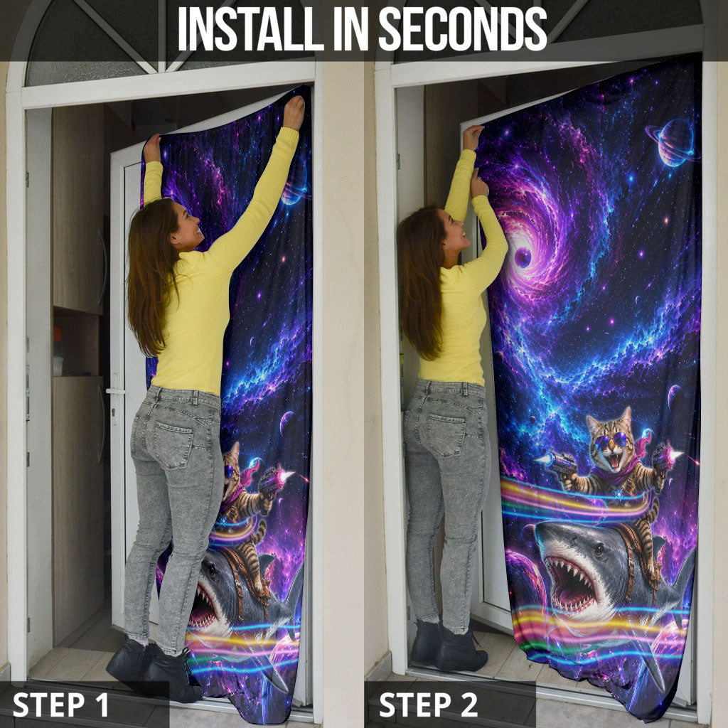 Cat Riding Shark In Space Door Cover Funny Cosmic Laser Cat And Shark Surreal Sci-Fi