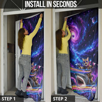 Cat Riding Shark In Space Door Cover Funny Cosmic Laser Cat And Shark Surreal Sci-Fi