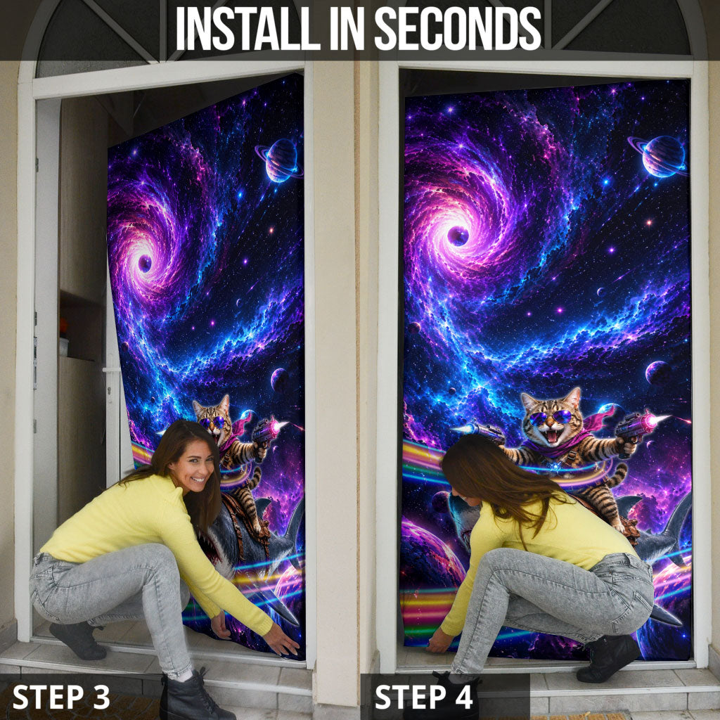 Cat Riding Shark In Space Door Cover Funny Cosmic Laser Cat And Shark Surreal Sci-Fi