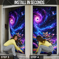 Cat Riding Shark In Space Door Cover Funny Cosmic Laser Cat And Shark Surreal Sci-Fi