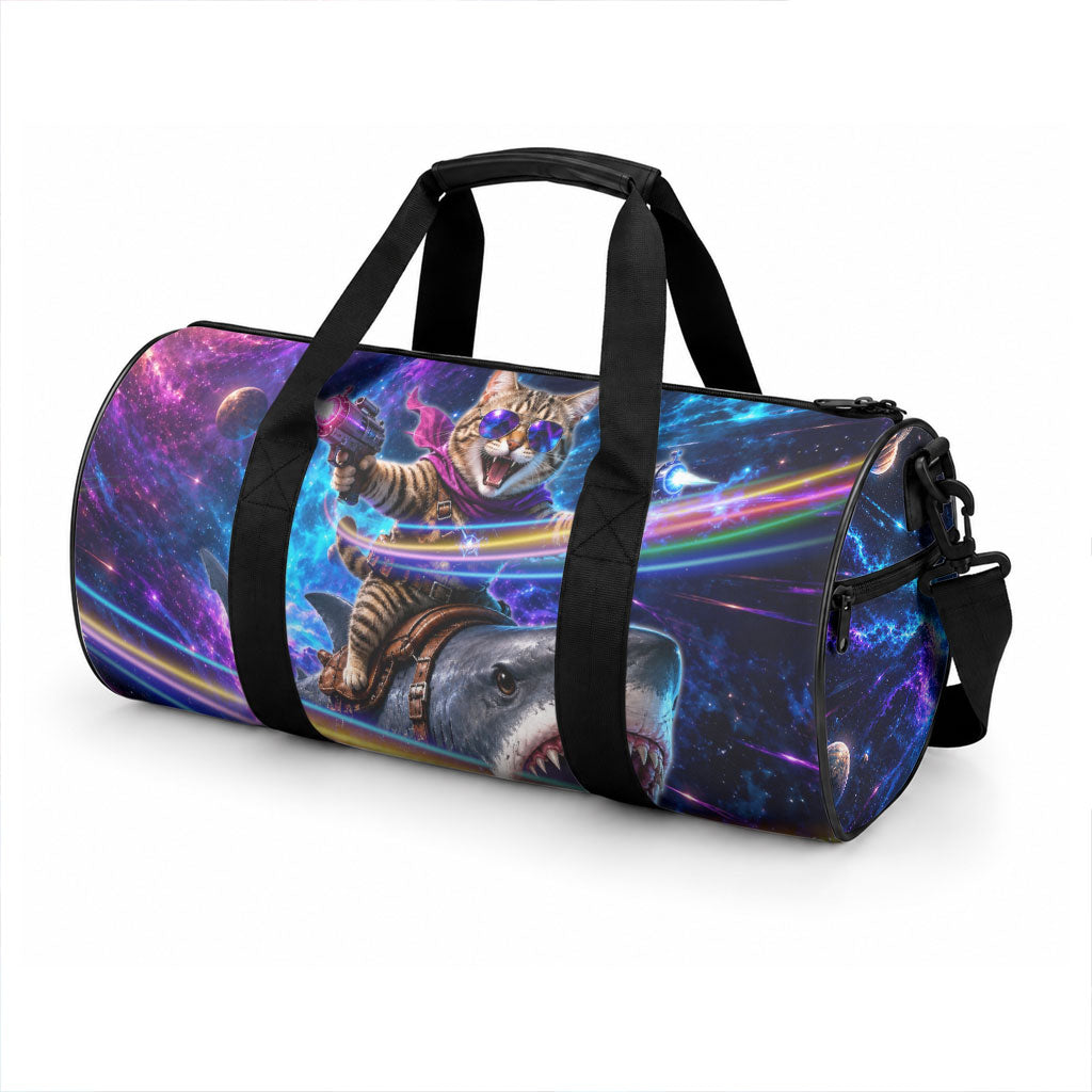 Cat Riding Shark In Space Duffle Bag Funny Cosmic Laser Cat And Shark Surreal Sci-Fi