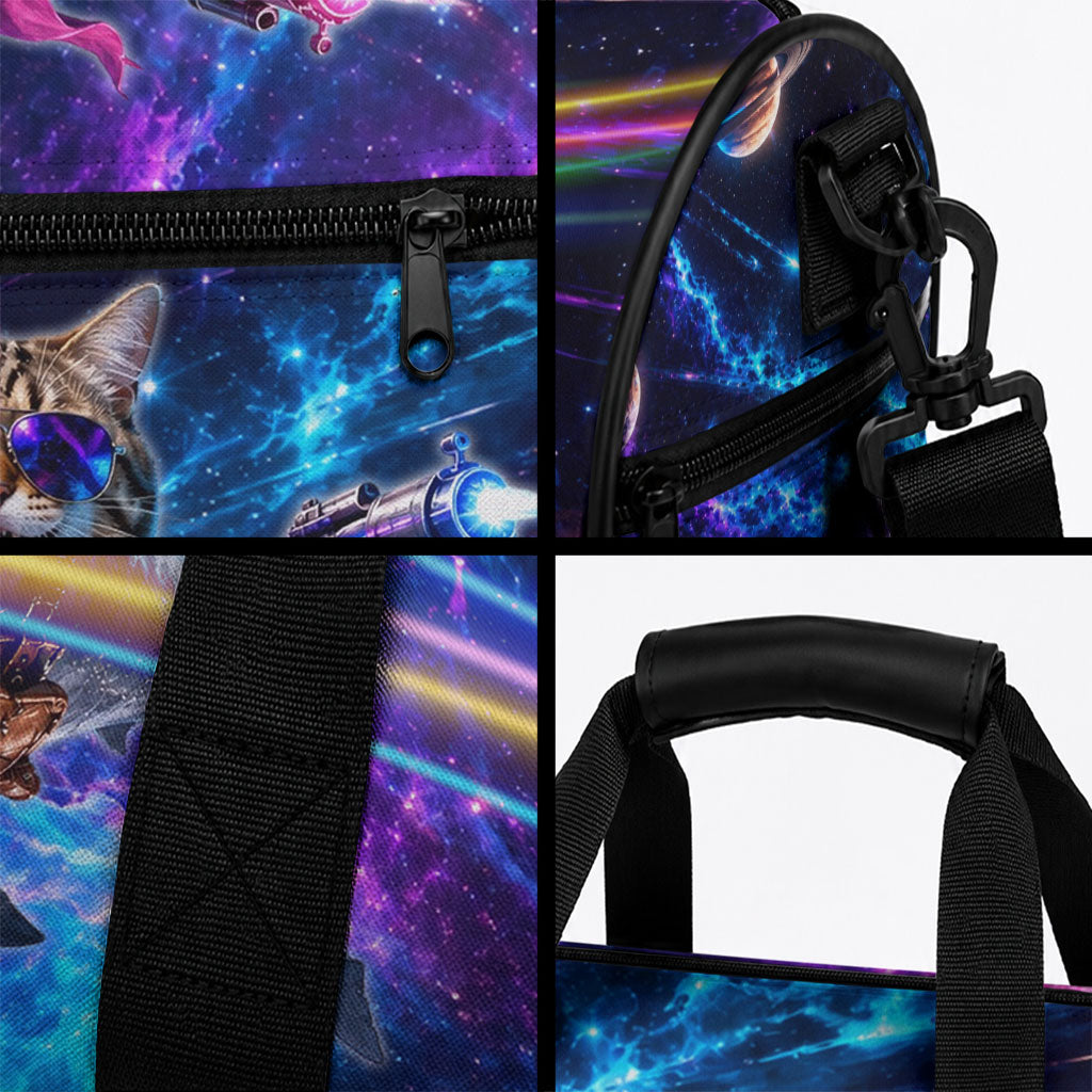 Cat Riding Shark In Space Duffle Bag Funny Cosmic Laser Cat And Shark Surreal Sci-Fi