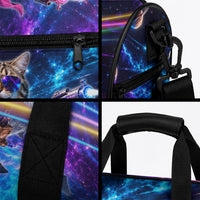 Cat Riding Shark In Space Duffle Bag Funny Cosmic Laser Cat And Shark Surreal Sci-Fi