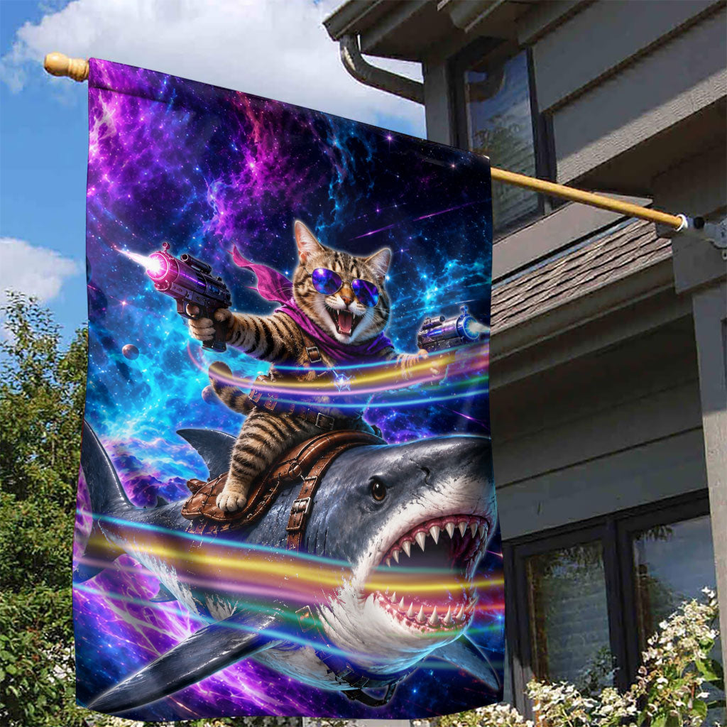 Cat Riding Shark In Space Garden Flag Funny Cosmic Laser Cat And Shark Surreal Sci-Fi