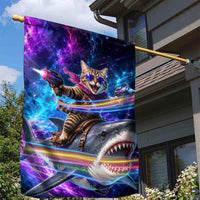 Cat Riding Shark In Space Garden Flag Funny Cosmic Laser Cat And Shark Surreal Sci-Fi