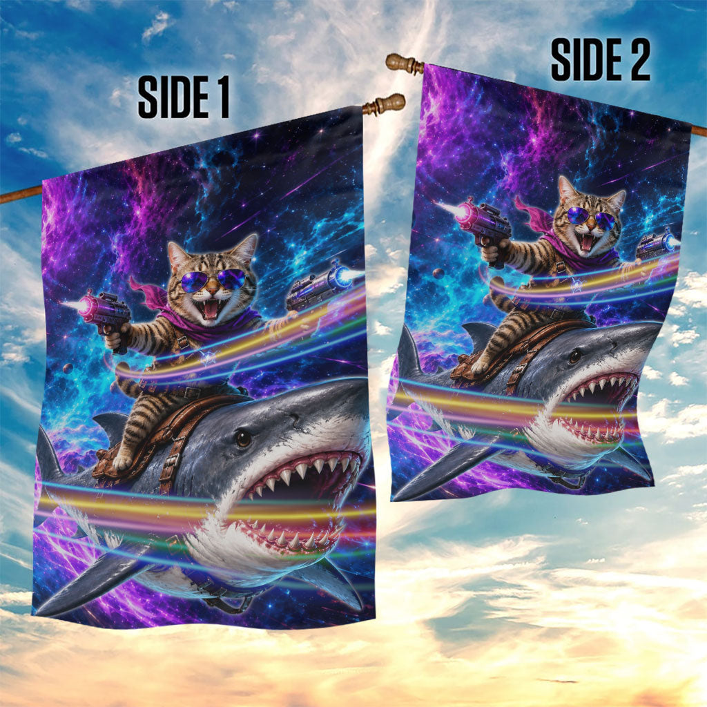 Cat Riding Shark In Space Garden Flag Funny Cosmic Laser Cat And Shark Surreal Sci-Fi