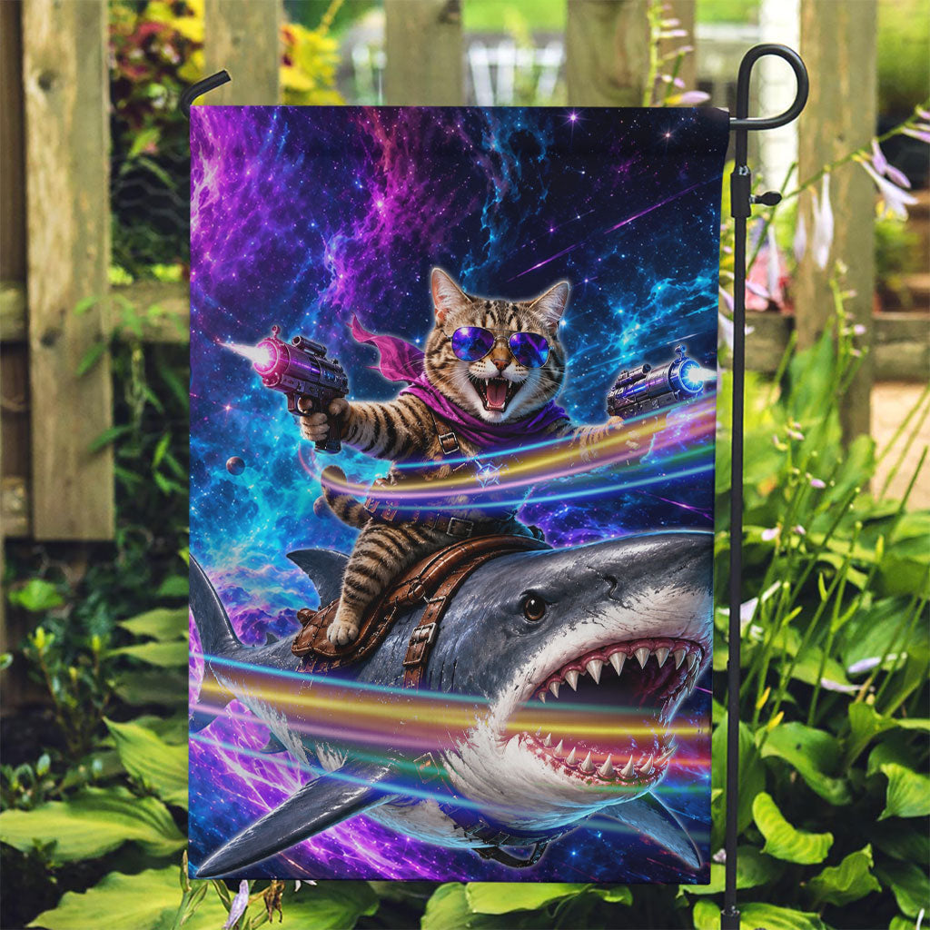 Cat Riding Shark In Space Garden Flag Funny Cosmic Laser Cat And Shark Surreal Sci-Fi