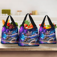 Cat Riding Shark In Space Grocery Bag Funny Cosmic Laser Cat And Shark Surreal Sci-Fi