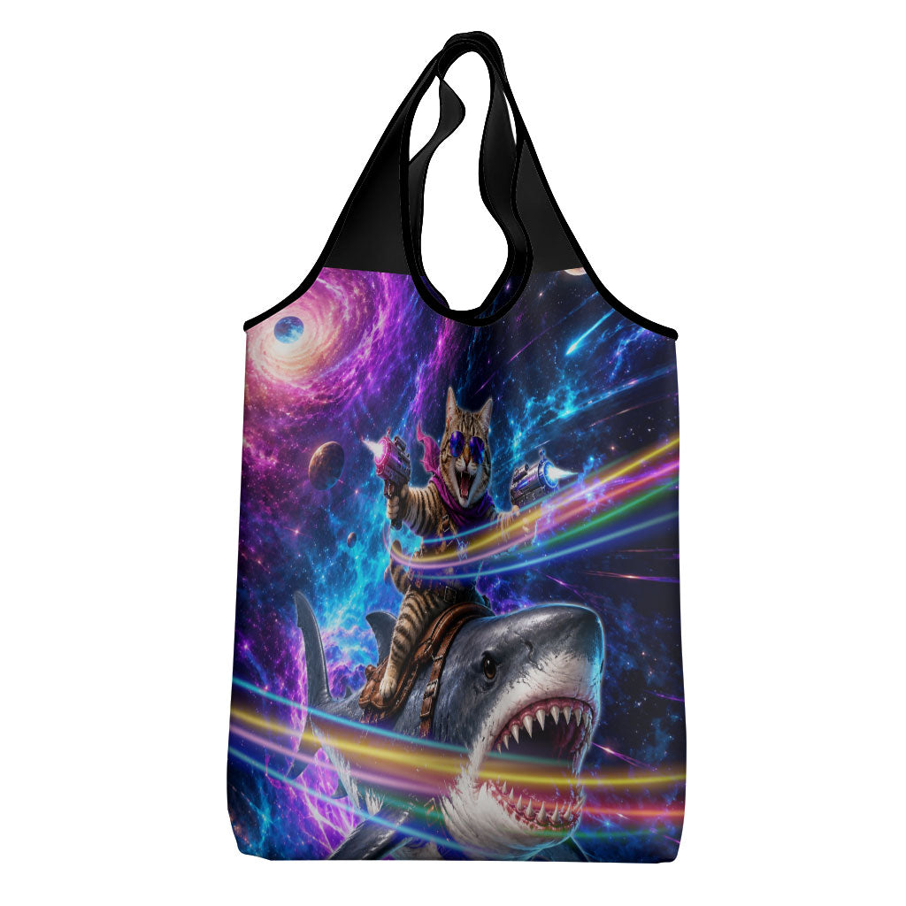 Cat Riding Shark In Space Grocery Bag Funny Cosmic Laser Cat And Shark Surreal Sci-Fi