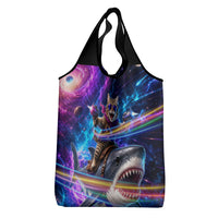 Cat Riding Shark In Space Grocery Bag Funny Cosmic Laser Cat And Shark Surreal Sci-Fi