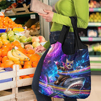 Cat Riding Shark In Space Grocery Bag Funny Cosmic Laser Cat And Shark Surreal Sci-Fi