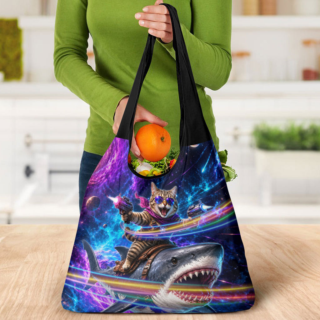 Cat Riding Shark In Space Grocery Bag Funny Cosmic Laser Cat And Shark Surreal Sci-Fi