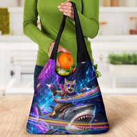 Cat Riding Shark In Space Grocery Bag Funny Cosmic Laser Cat And Shark Surreal Sci-Fi