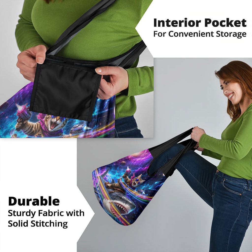 Cat Riding Shark In Space Grocery Bag Funny Cosmic Laser Cat And Shark Surreal Sci-Fi