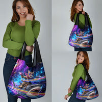 Cat Riding Shark In Space Grocery Bag Funny Cosmic Laser Cat And Shark Surreal Sci-Fi