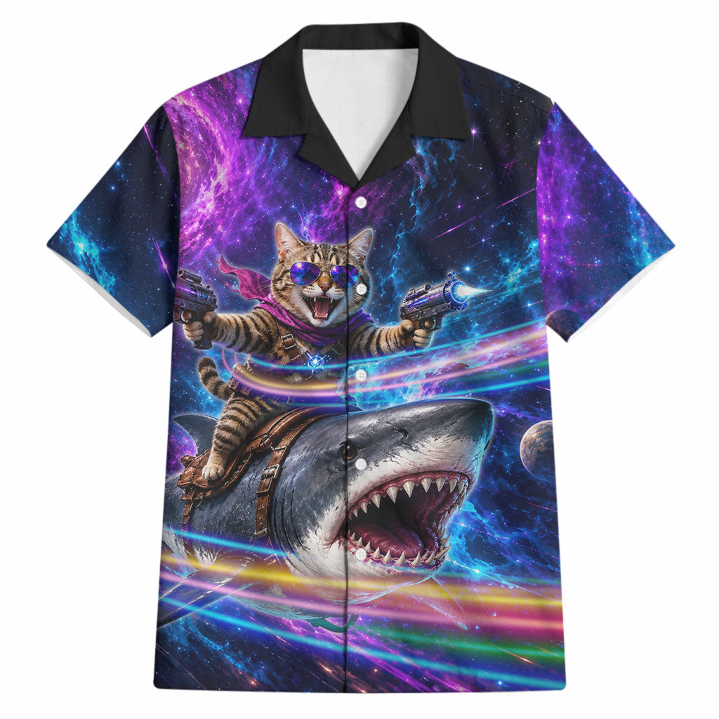 Cat Riding Shark In Space Hawaiian Shirt Funny Cosmic Laser Cat And Shark Surreal Sci-Fi