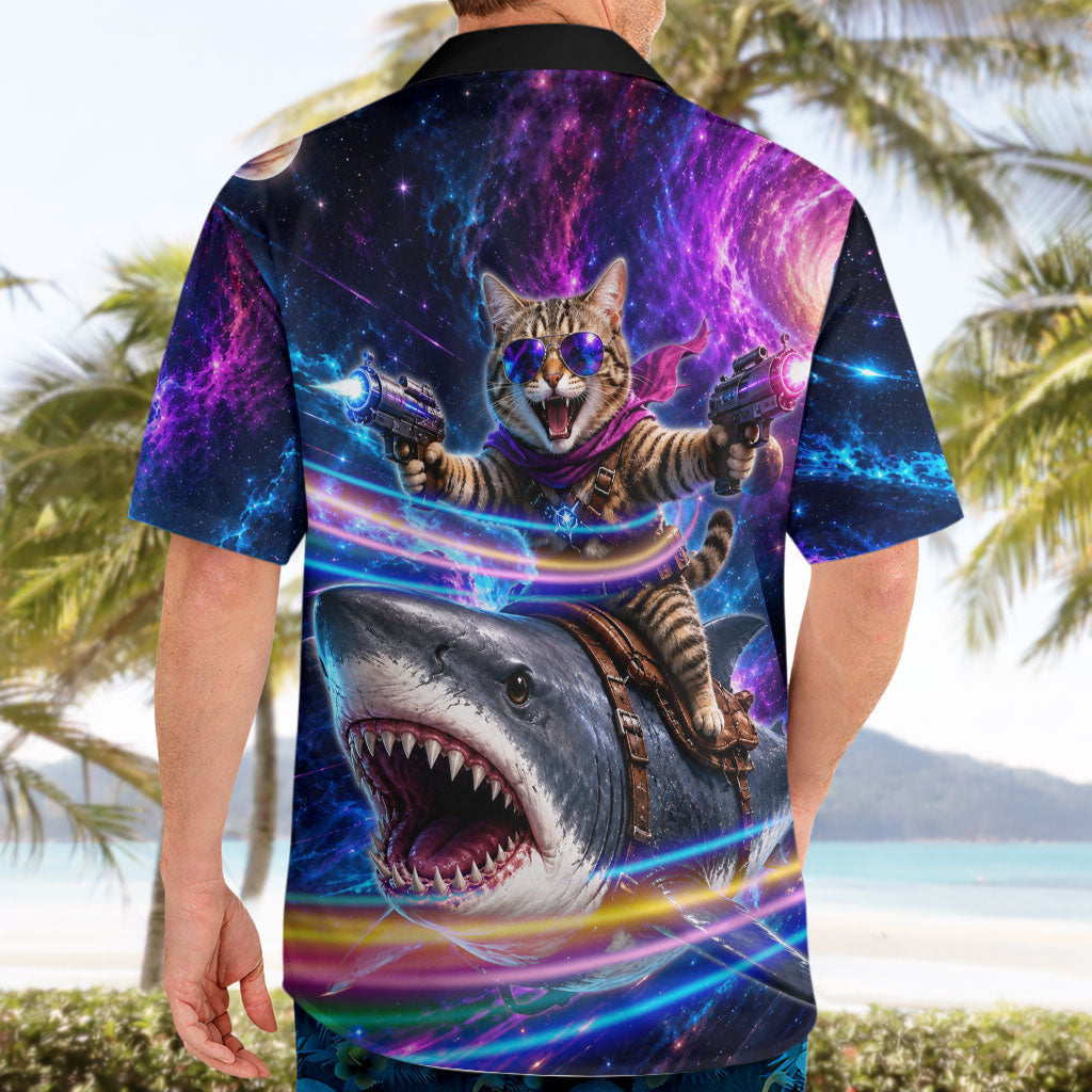 Cat Riding Shark In Space Hawaiian Shirt Funny Cosmic Laser Cat And Shark Surreal Sci-Fi