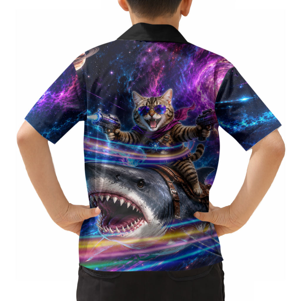 Cat Riding Shark In Space Hawaiian Shirt Funny Cosmic Laser Cat And Shark Surreal Sci-Fi
