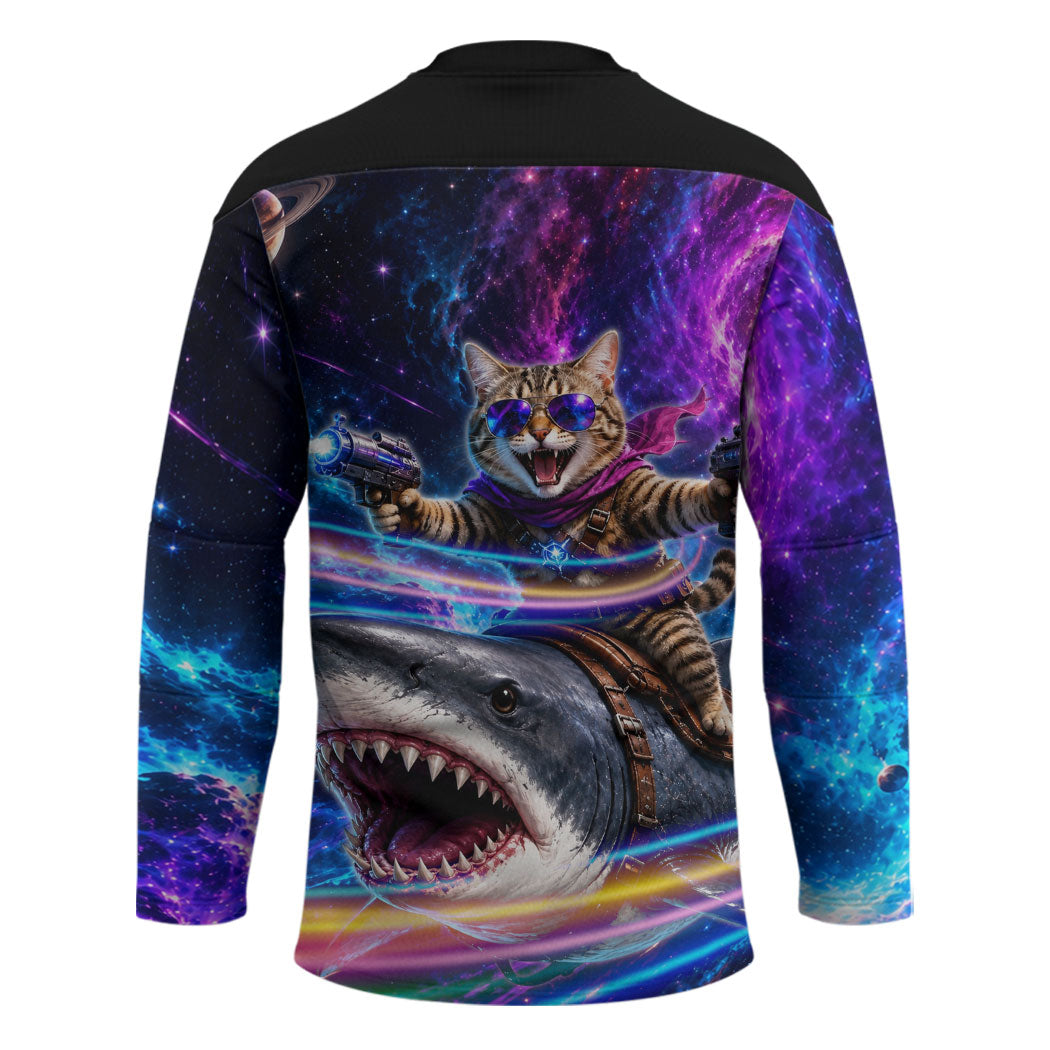 Cat Riding Shark In Space Hockey Jersey Funny Cosmic Laser Cat And Shark Surreal Sci-Fi