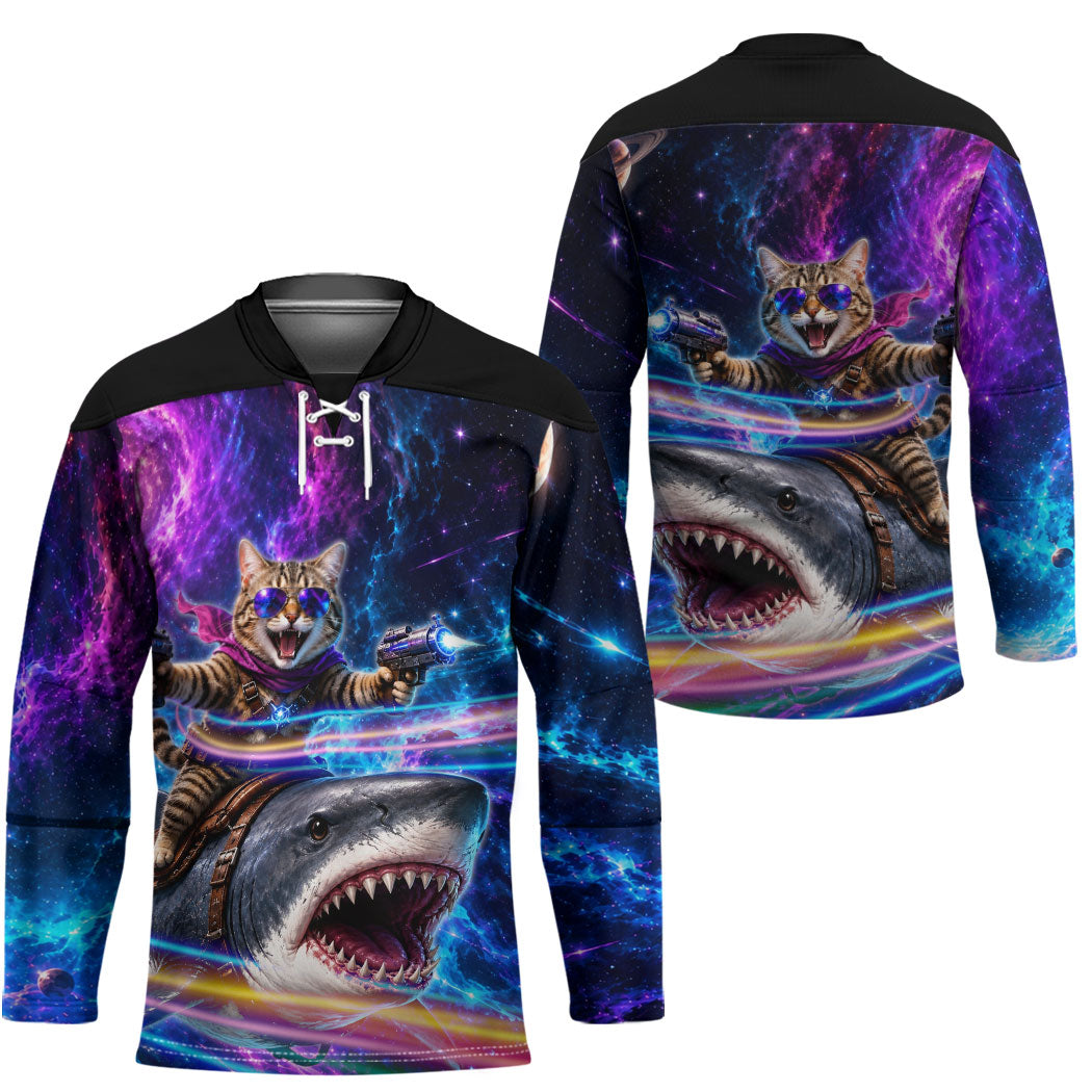 Cat Riding Shark In Space Hockey Jersey Funny Cosmic Laser Cat And Shark Surreal Sci-Fi
