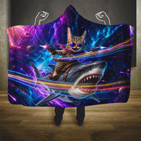 Cat Riding Shark In Space Hooded Blanket Funny Cosmic Laser Cat And Shark Surreal Sci-Fi
