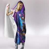 Cat Riding Shark In Space Hooded Blanket Funny Cosmic Laser Cat And Shark Surreal Sci-Fi