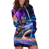 Cat Riding Shark In Space Hoodie Dress Funny Cosmic Laser Cat And Shark Surreal Sci-Fi