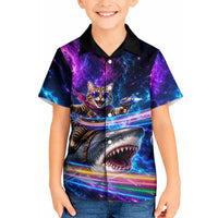 Cat Riding Shark In Space Kid Hawaiian Shirt Funny Cosmic Laser Cat And Shark Surreal Sci-Fi