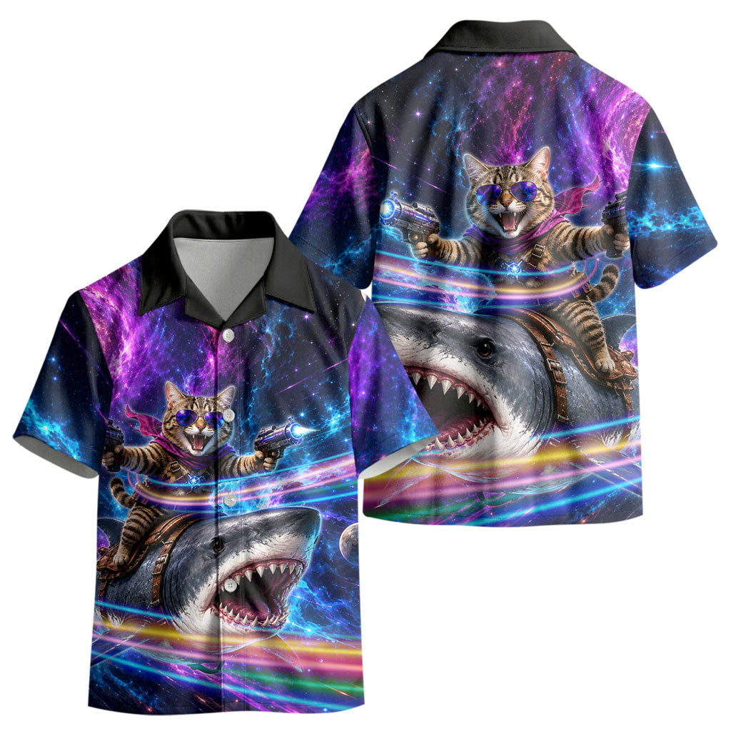 Cat Riding Shark In Space Kid Hawaiian Shirt Funny Cosmic Laser Cat And Shark Surreal Sci-Fi