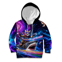 Cat Riding Shark In Space Kid Hoodie Funny Cosmic Laser Cat And Shark Surreal Sci-Fi