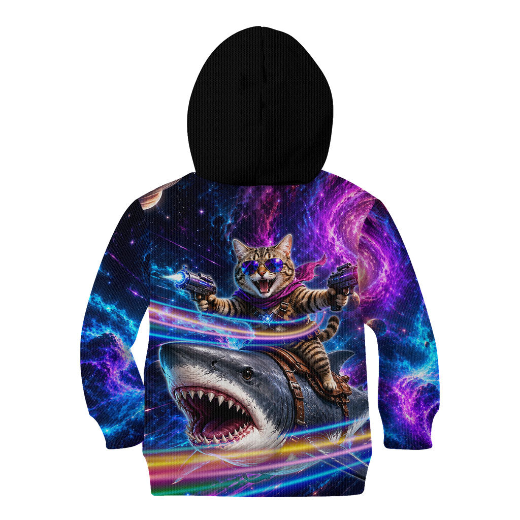 Cat Riding Shark In Space Kid Hoodie Funny Cosmic Laser Cat And Shark Surreal Sci-Fi