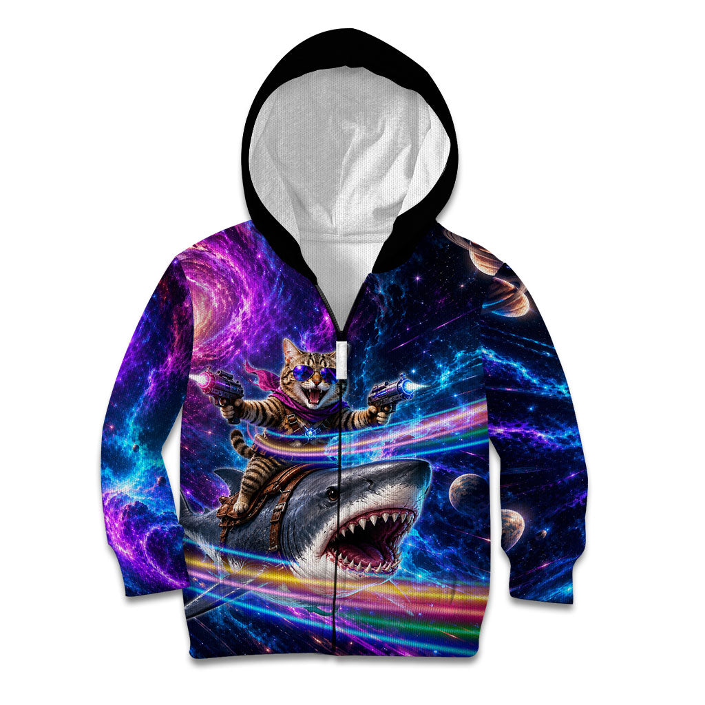 Cat Riding Shark In Space Kid Hoodie Funny Cosmic Laser Cat And Shark Surreal Sci-Fi