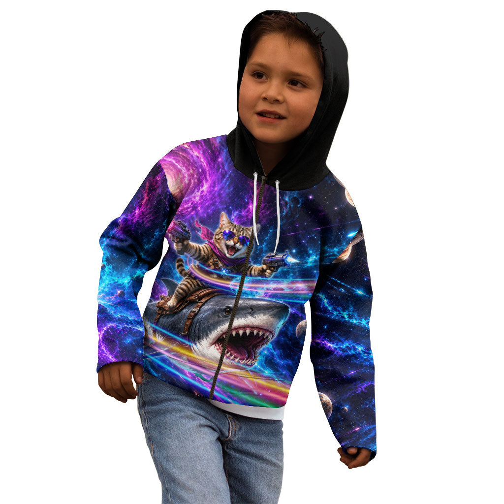 Cat Riding Shark In Space Kid Hoodie Funny Cosmic Laser Cat And Shark Surreal Sci-Fi