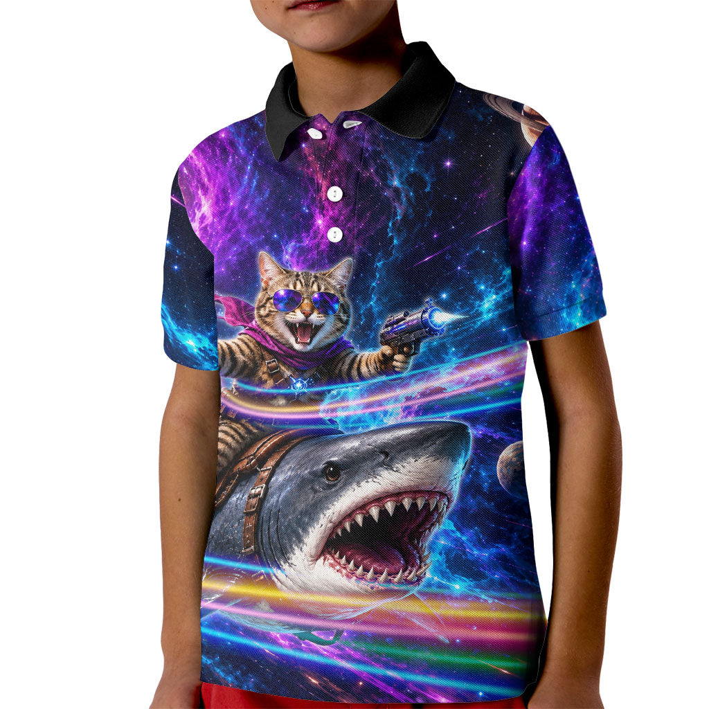 Cat Riding Shark In Space Kid Polo Shirt Funny Cosmic Laser Cat And Shark Surreal Sci-Fi
