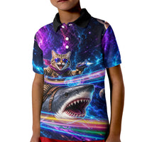 Cat Riding Shark In Space Kid Polo Shirt Funny Cosmic Laser Cat And Shark Surreal Sci-Fi