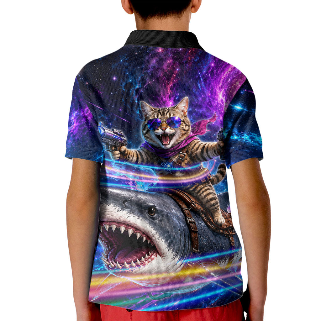 Cat Riding Shark In Space Kid Polo Shirt Funny Cosmic Laser Cat And Shark Surreal Sci-Fi