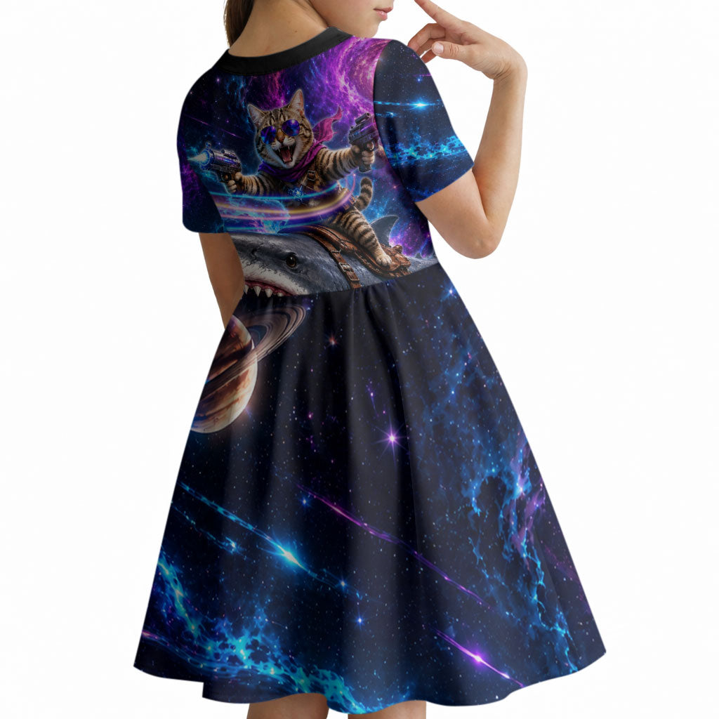 Cat Riding Shark In Space Kid Short Sleeve Dress Funny Cosmic Laser Cat And Shark Surreal Sci-Fi