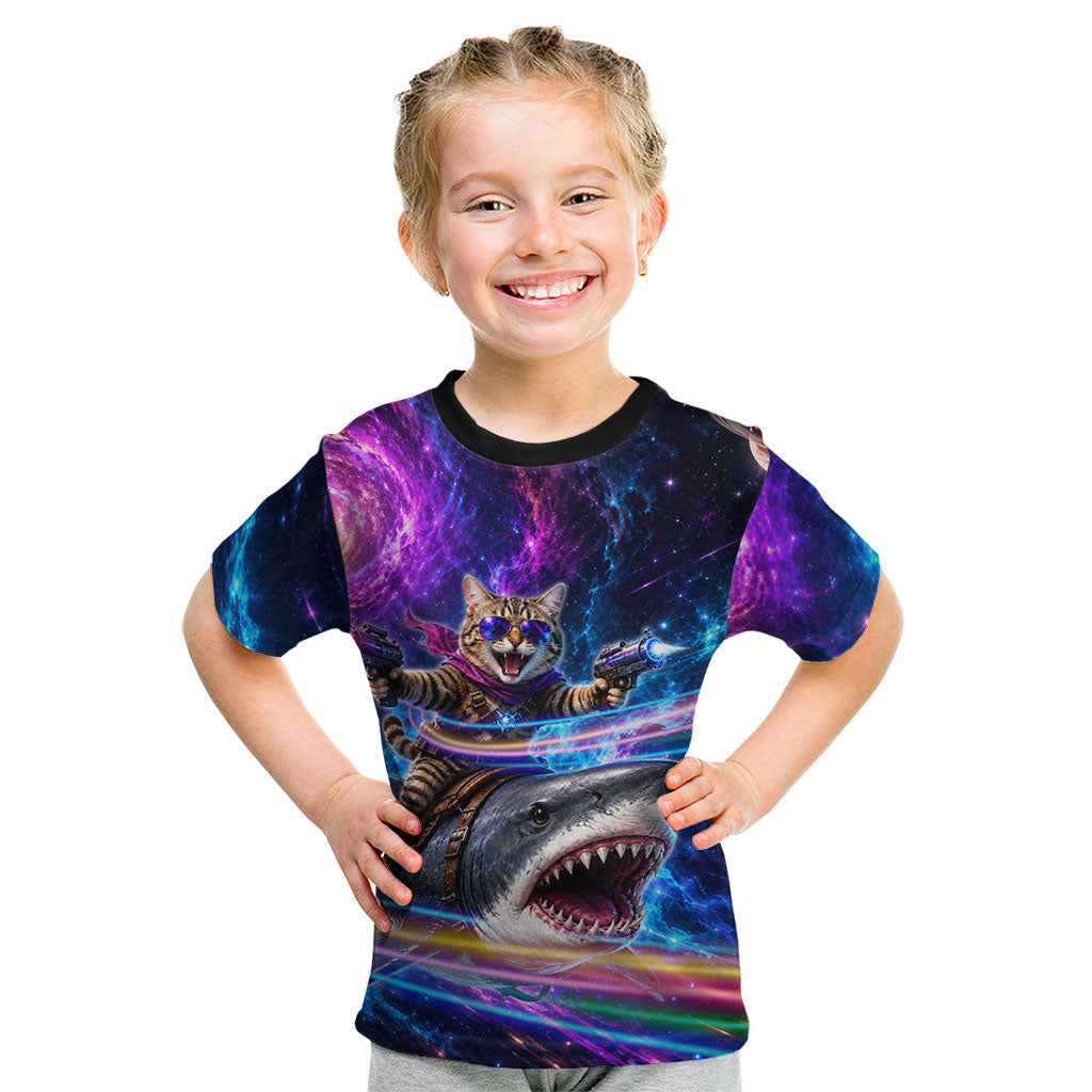 Cat Riding Shark In Space Kid T Shirt Funny Cosmic Laser Cat And Shark Surreal Sci-Fi