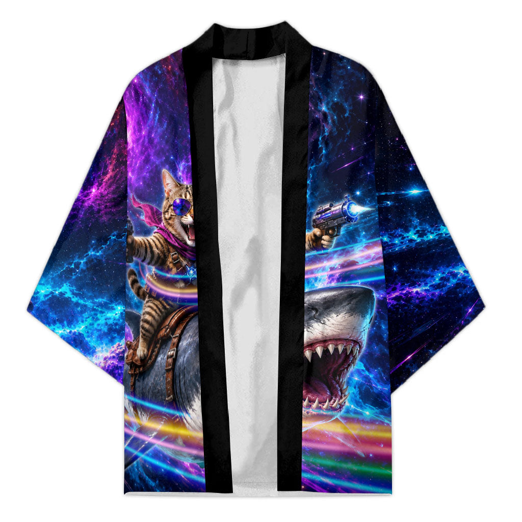 Cat Riding Shark In Space Kimono Funny Cosmic Laser Cat And Shark Surreal Sci-Fi