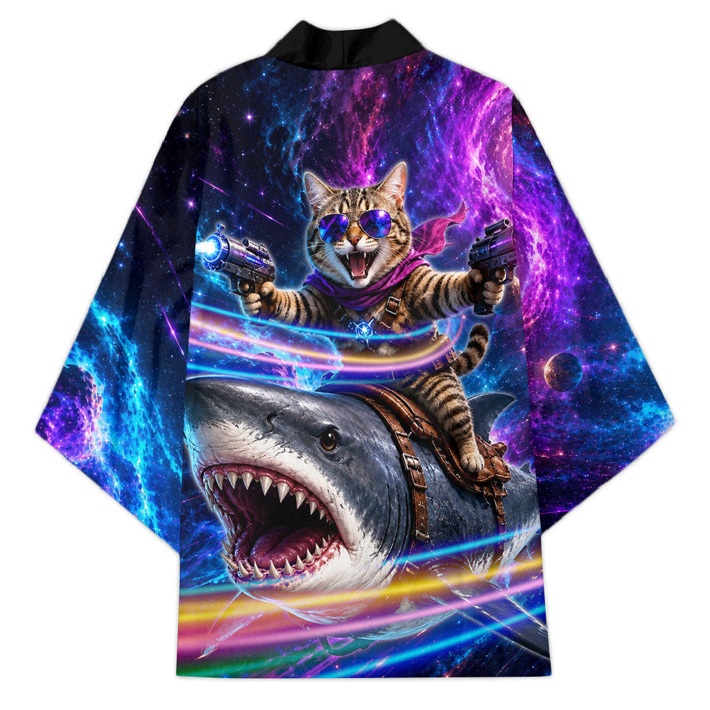 Cat Riding Shark In Space Kimono Funny Cosmic Laser Cat And Shark Surreal Sci-Fi