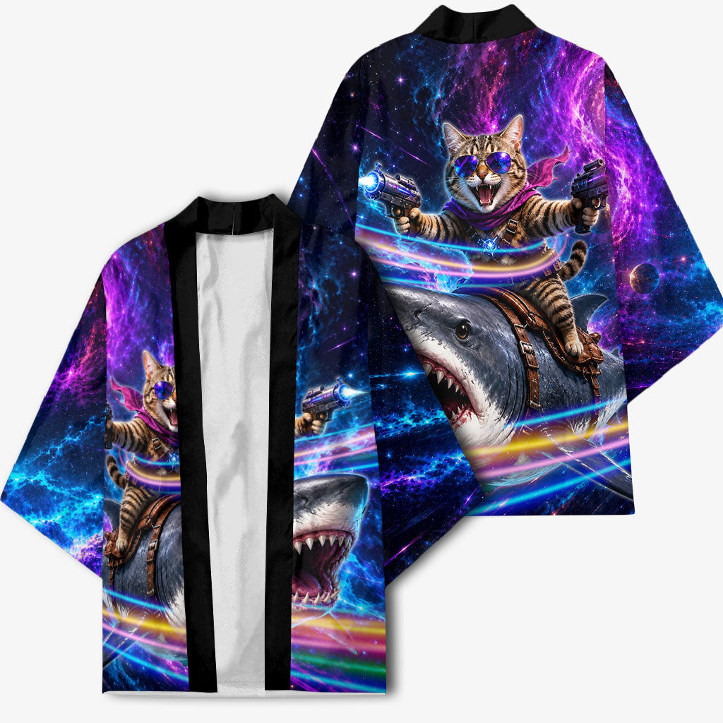 Cat Riding Shark In Space Kimono Funny Cosmic Laser Cat And Shark Surreal Sci-Fi