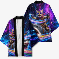 Cat Riding Shark In Space Kimono Funny Cosmic Laser Cat And Shark Surreal Sci-Fi