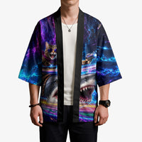 Cat Riding Shark In Space Kimono Funny Cosmic Laser Cat And Shark Surreal Sci-Fi