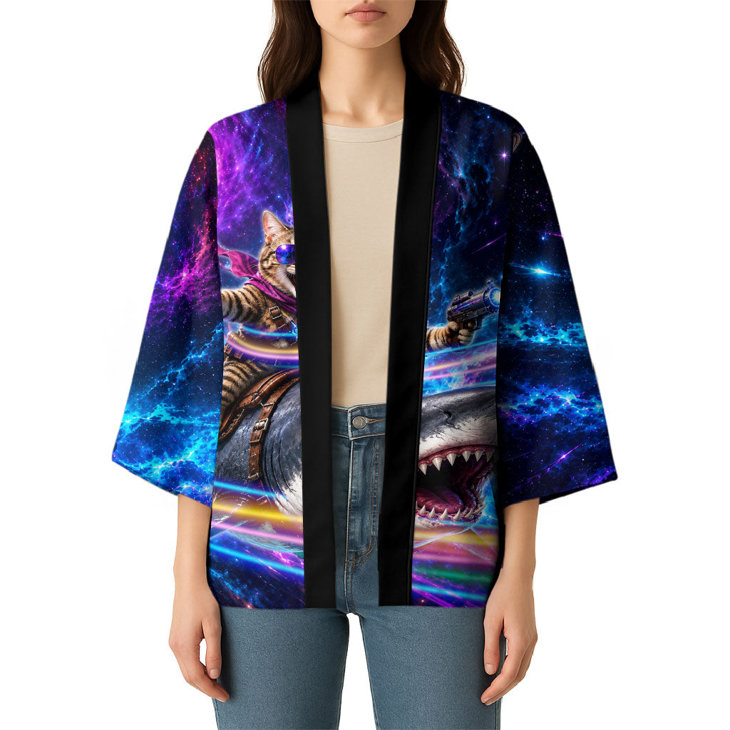 Cat Riding Shark In Space Kimono Funny Cosmic Laser Cat And Shark Surreal Sci-Fi